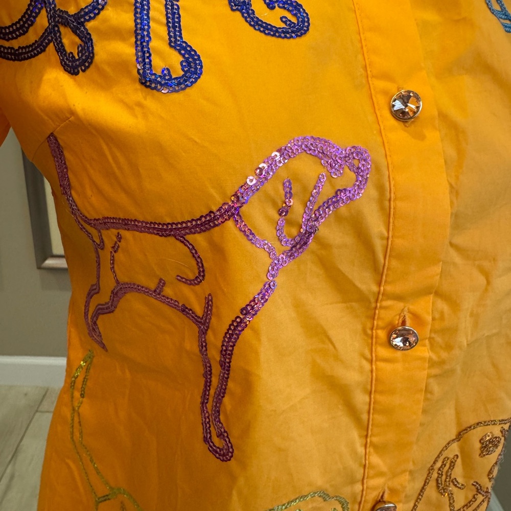 QUEEN OF SPARKLES Orange Sequin Dog Print Shirt and Shorts Set - Picture 4 of 13